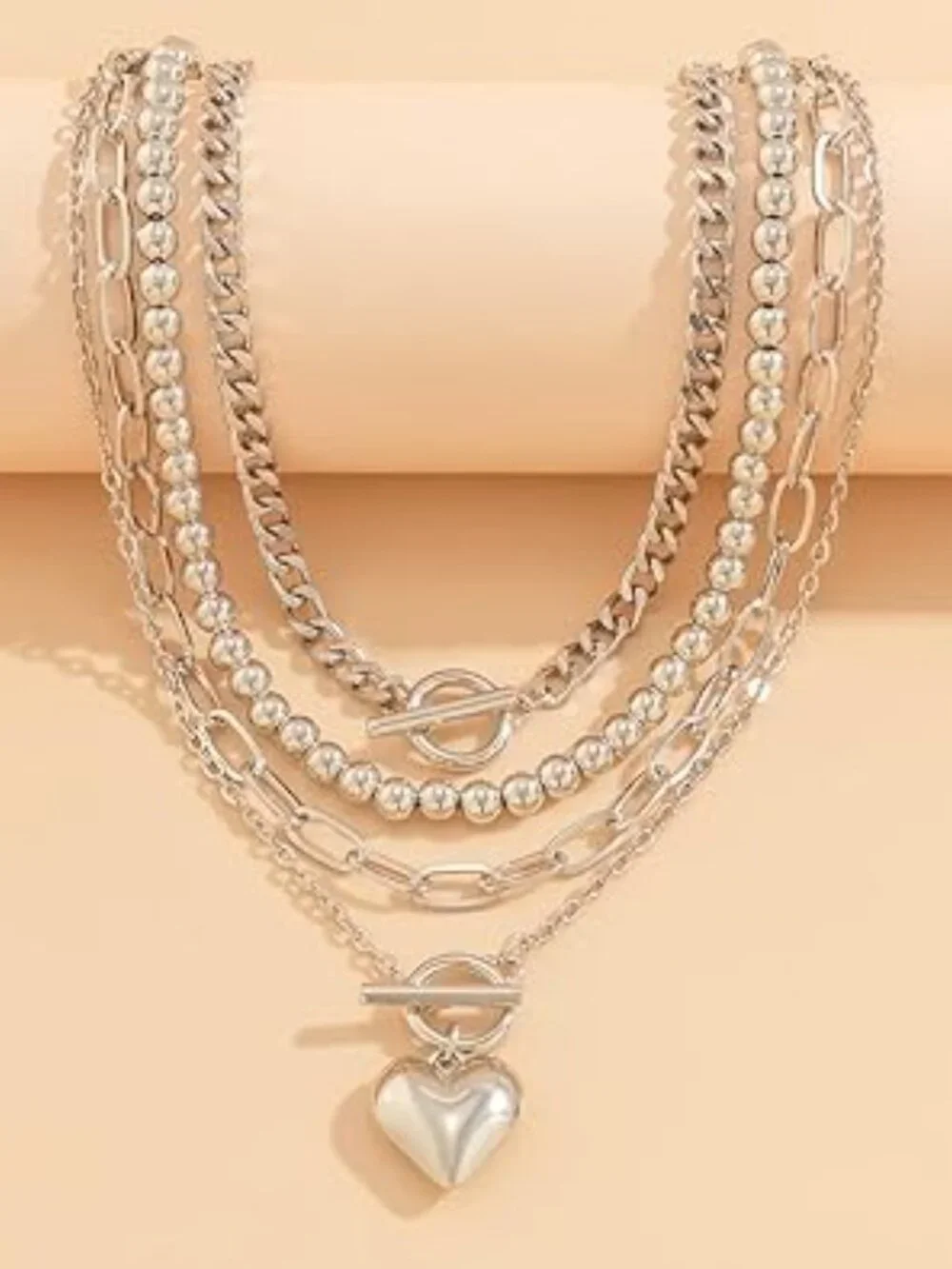 4 Layer Choker Necklace Chunky‎ Heart Silver Tone Statement Piece
